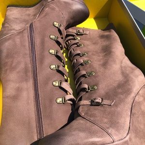 Distressed look wedge heeled booties